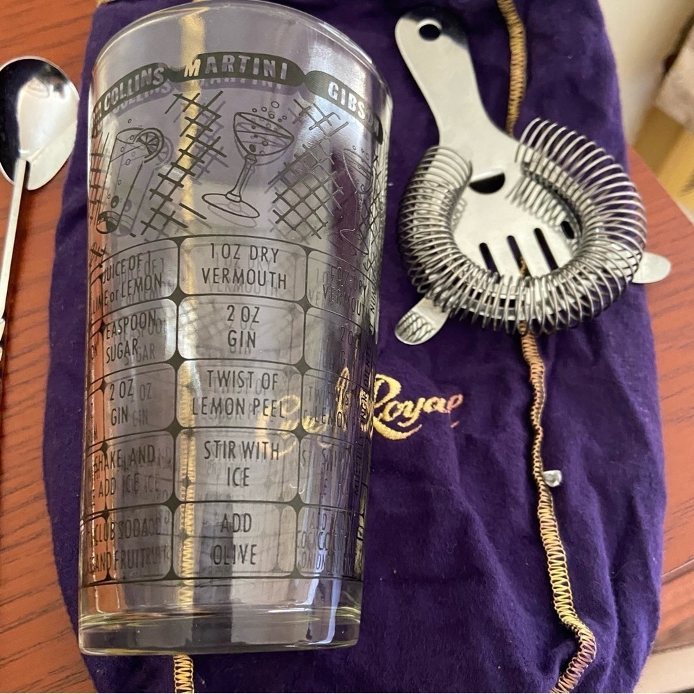 Cocktail set: mixing glass, strainer, stirrer. Perfect barware.